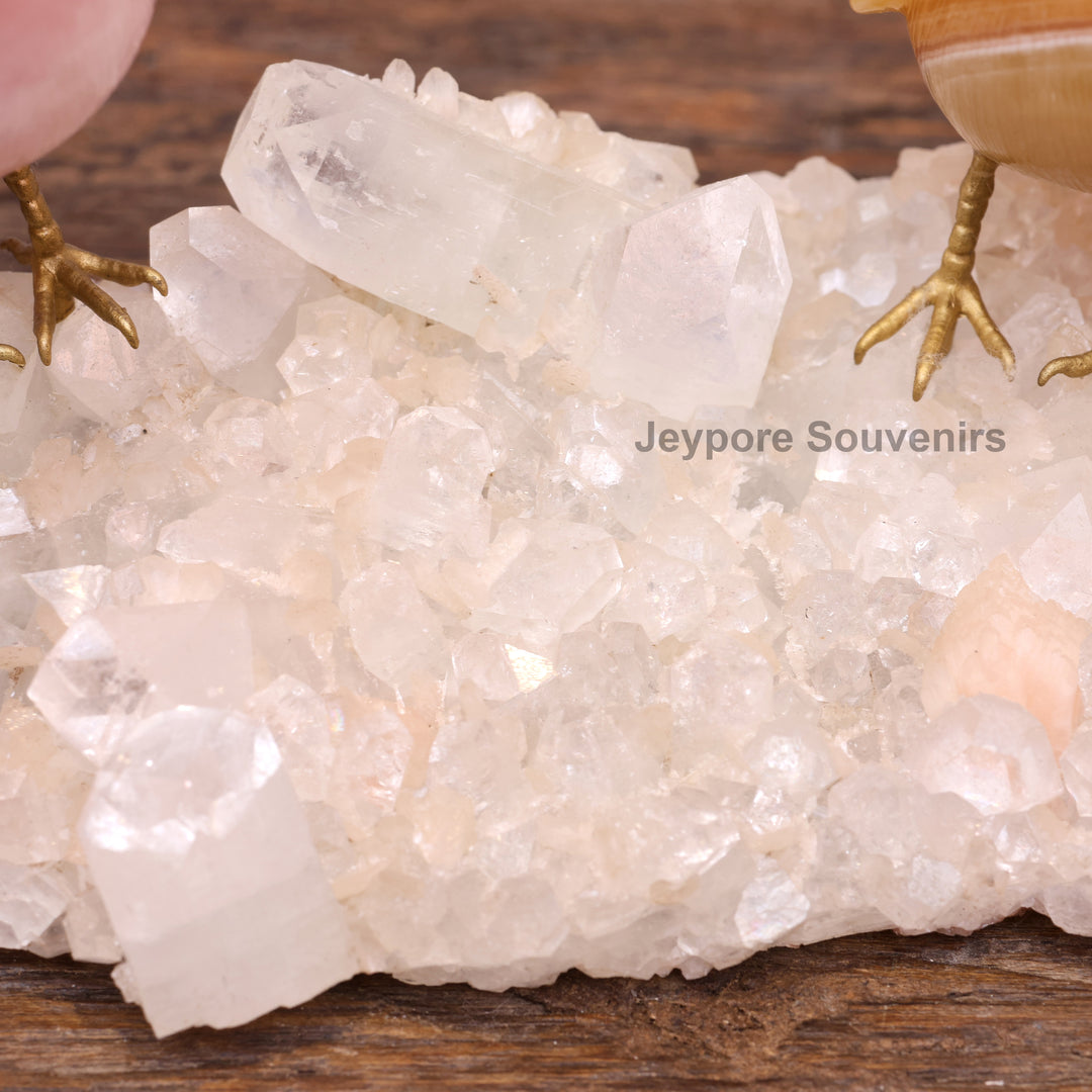 Rose Quartz &amp; Yellow Aventurine Bird Pair on White Crystal Base