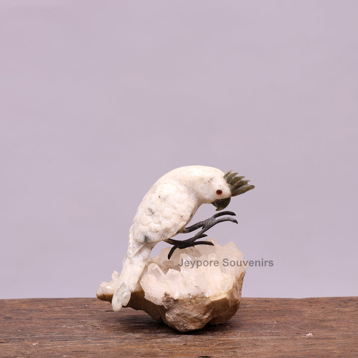 Semi Precious Moonstone Cockatoo Bird Sculpture On Crystal Base