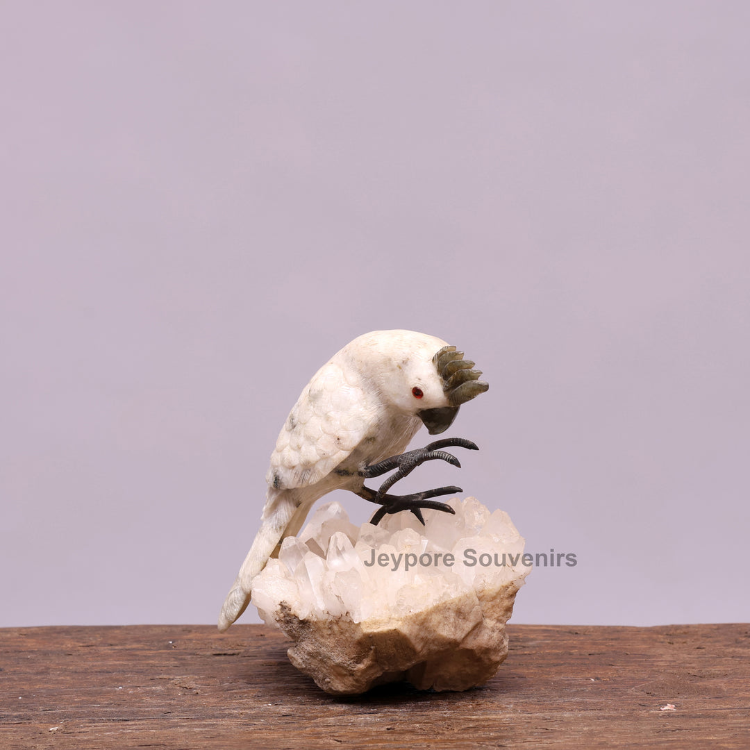 Semi Precious Moonstone Cockatoo Bird Sculpture On Crystal Base