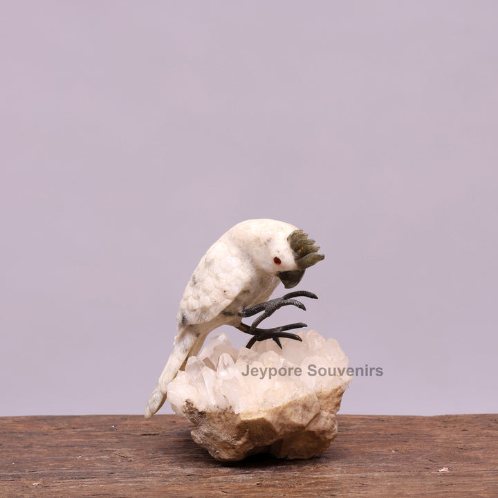 Semi Precious Moonstone Cockatoo Bird Sculpture On Crystal Base