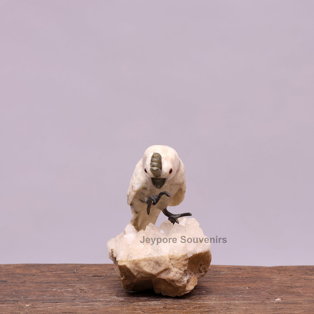 Semi Precious Moonstone Cockatoo Bird Sculpture On Crystal Base