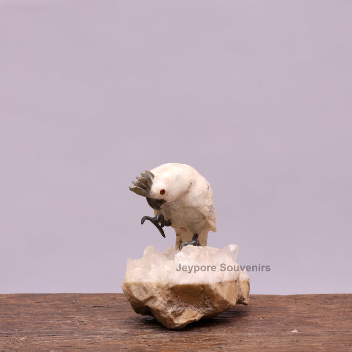 Semi Precious Moonstone Cockatoo Bird Sculpture On Crystal Base