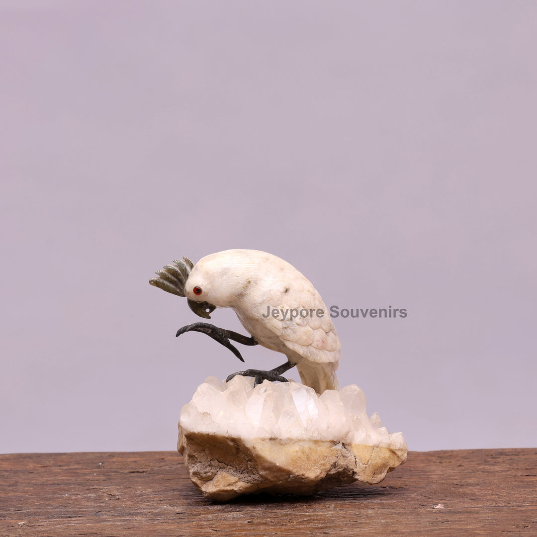 Semi Precious Moonstone Cockatoo Bird Sculpture On Crystal Base