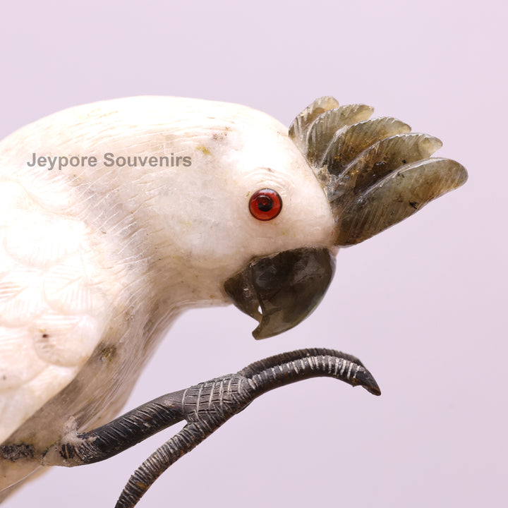 Semi Precious Moonstone Cockatoo Bird Sculpture On Crystal Base