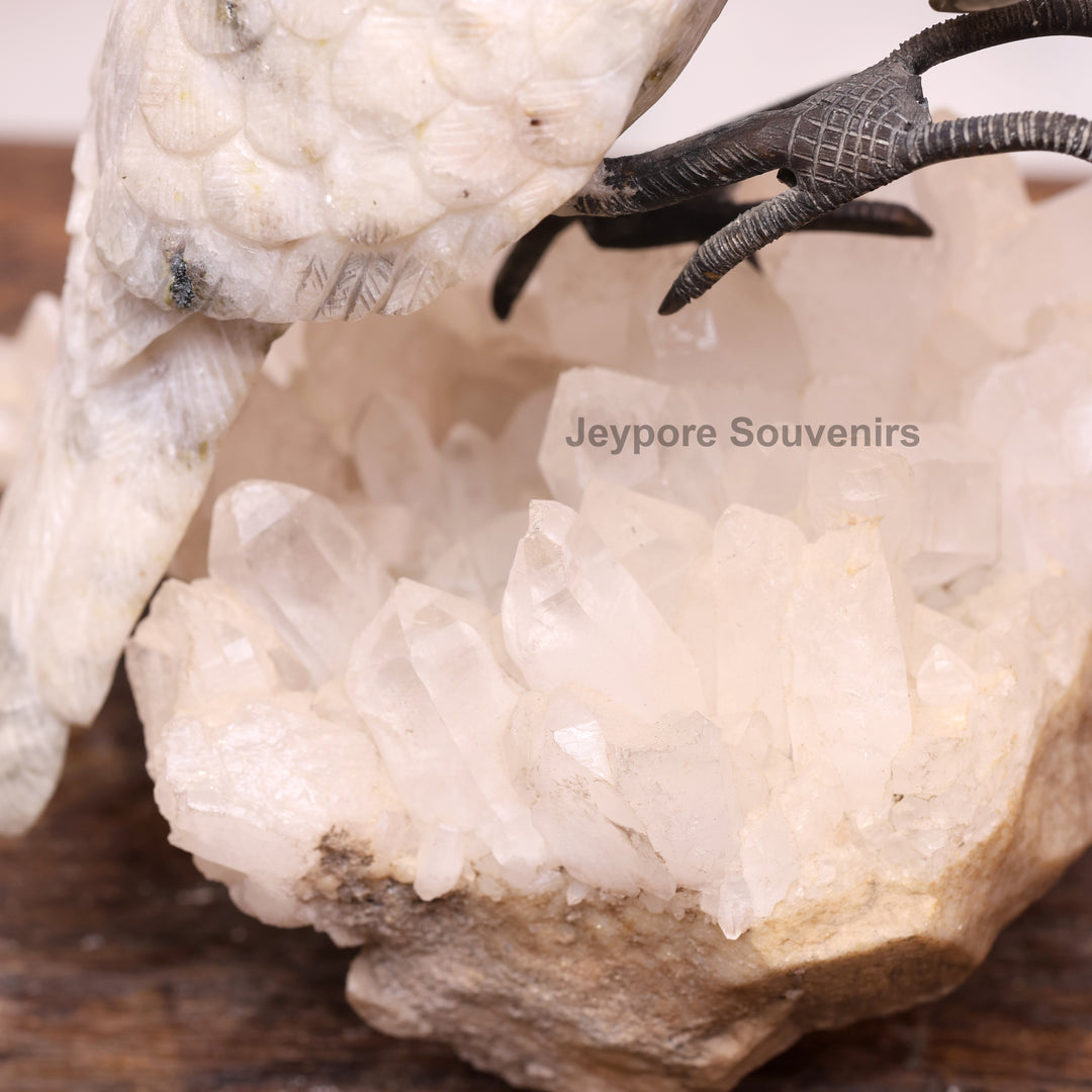 Semi Precious Moonstone Cockatoo Bird Sculpture On Crystal Base