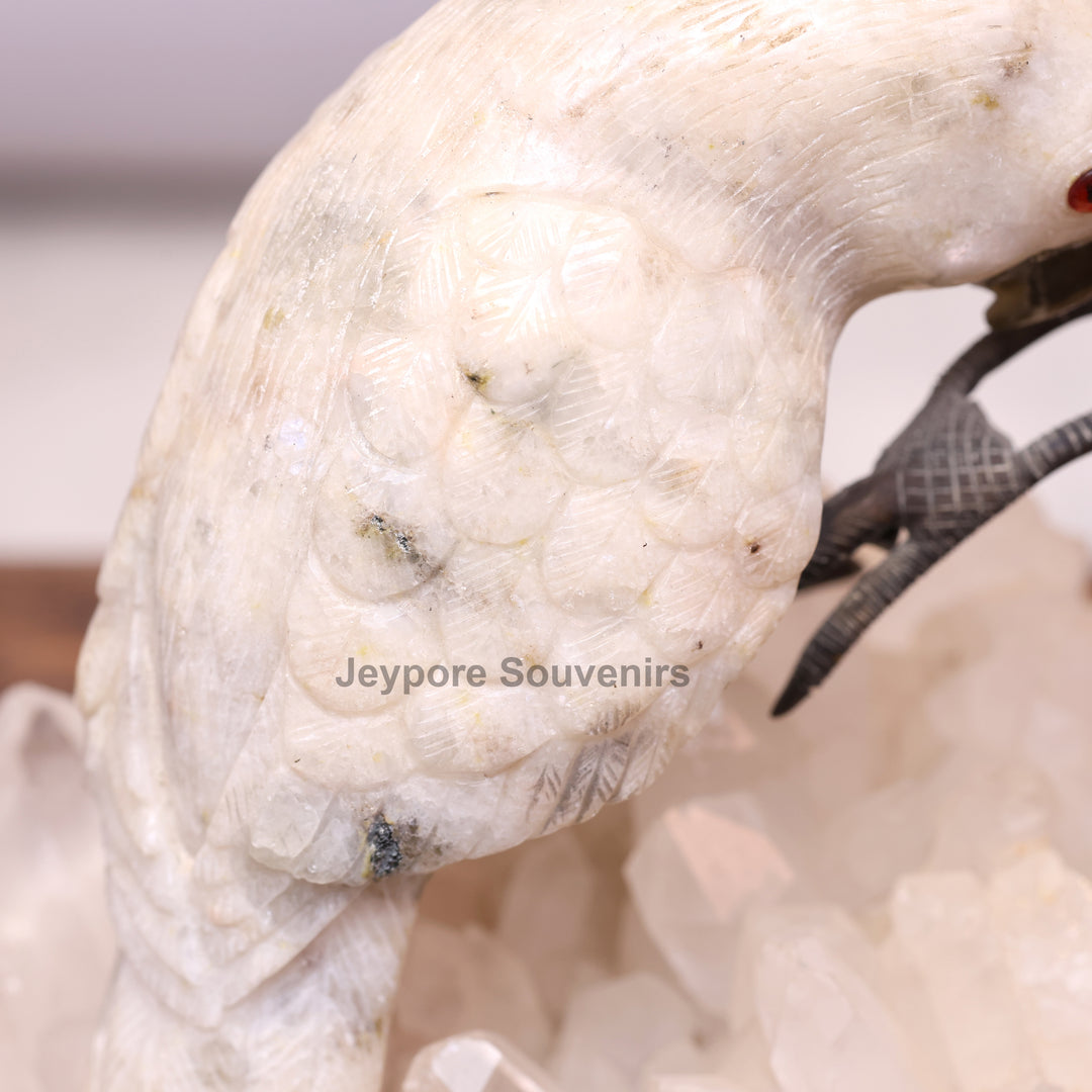 Semi Precious Moonstone Cockatoo Bird Sculpture On Crystal Base