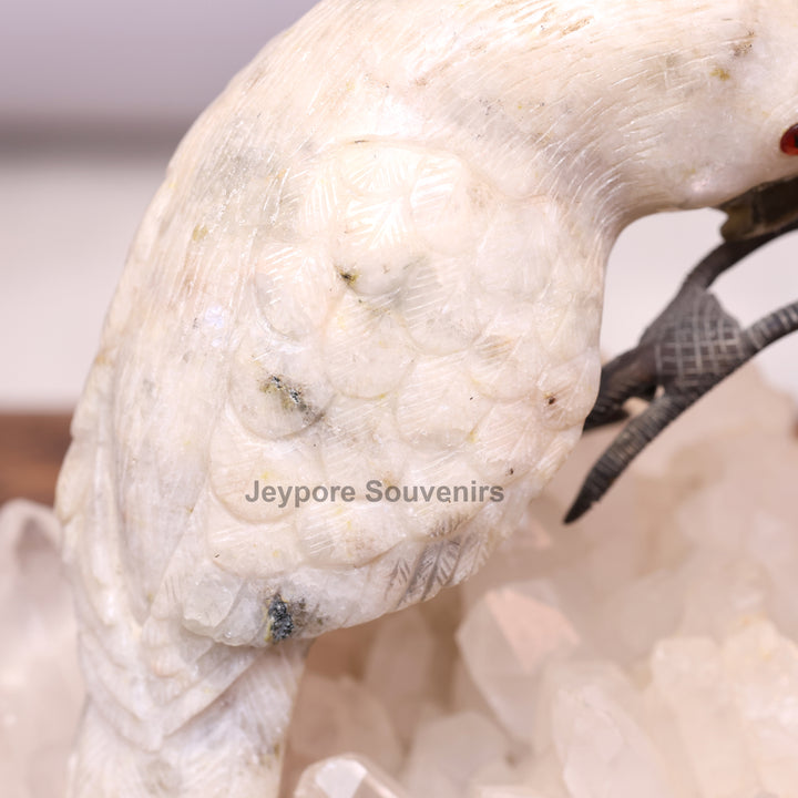 Semi Precious Moonstone Cockatoo Bird Sculpture On Crystal Base