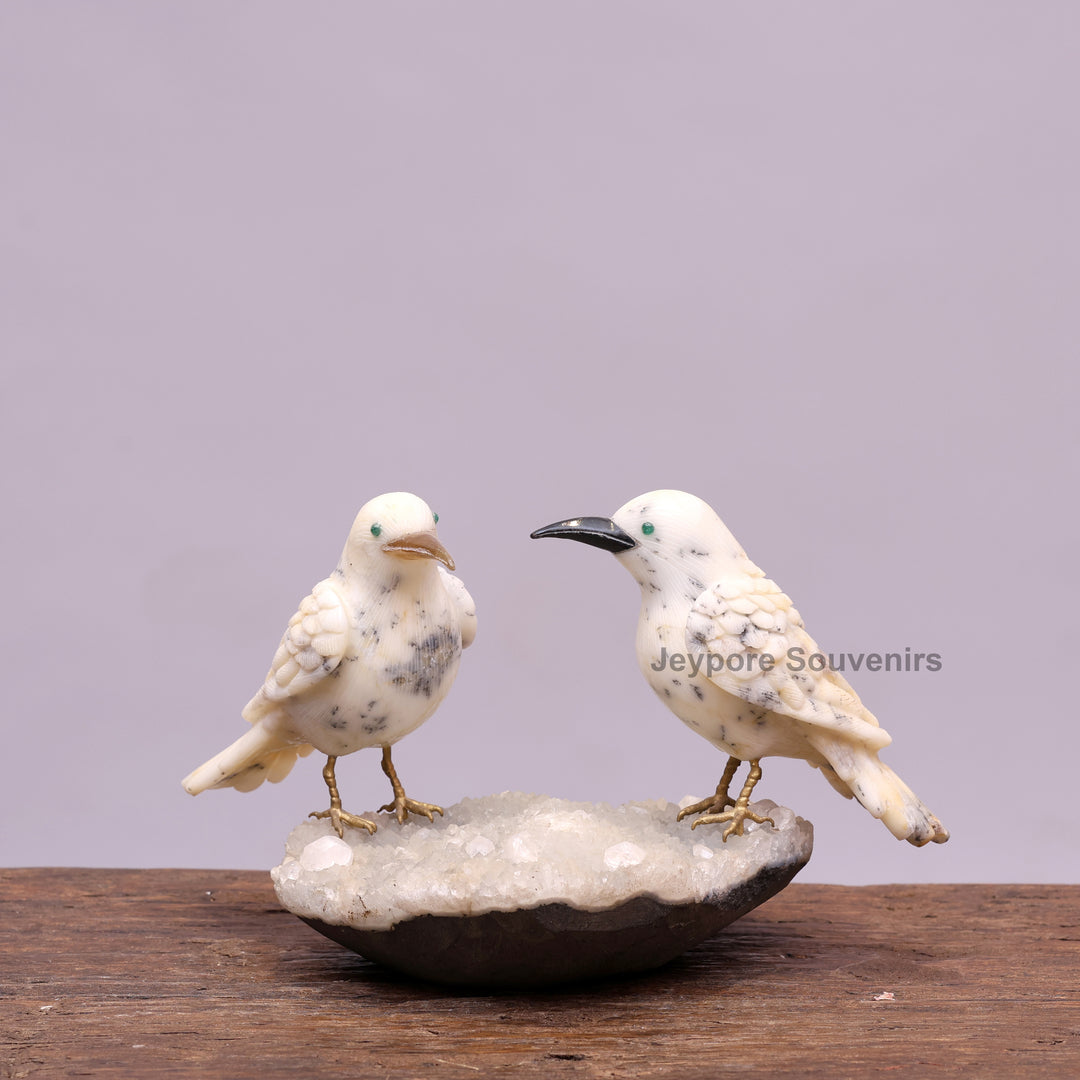 Semi Precious Howlite Bird Pair Sculpture On Crystal Base