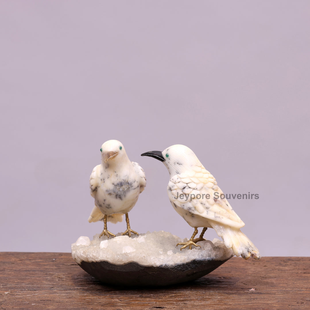 Semi Precious Howlite Bird Pair Sculpture On Crystal Base