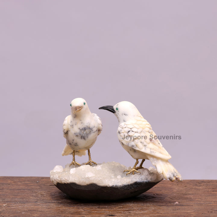 Semi Precious Howlite Bird Pair Sculpture On Crystal Base