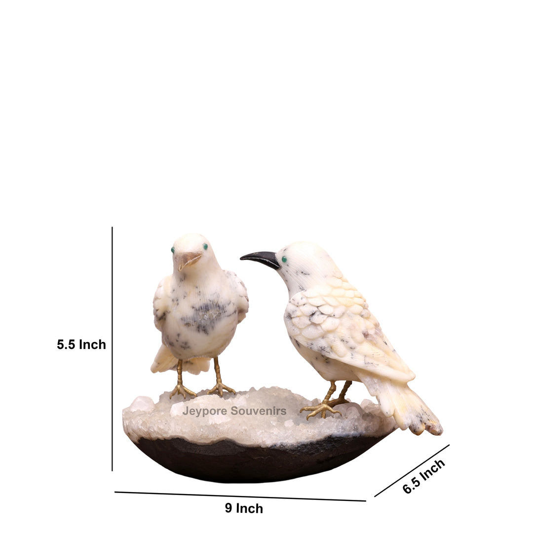 Semi Precious Howlite Bird Pair Sculpture On Crystal Base
