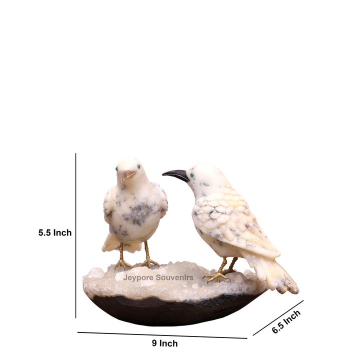 Semi Precious Howlite Bird Pair Sculpture On Crystal Base