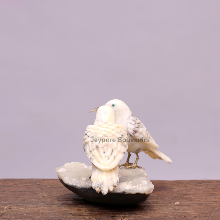 Semi Precious Howlite Bird Pair Sculpture On Crystal Base
