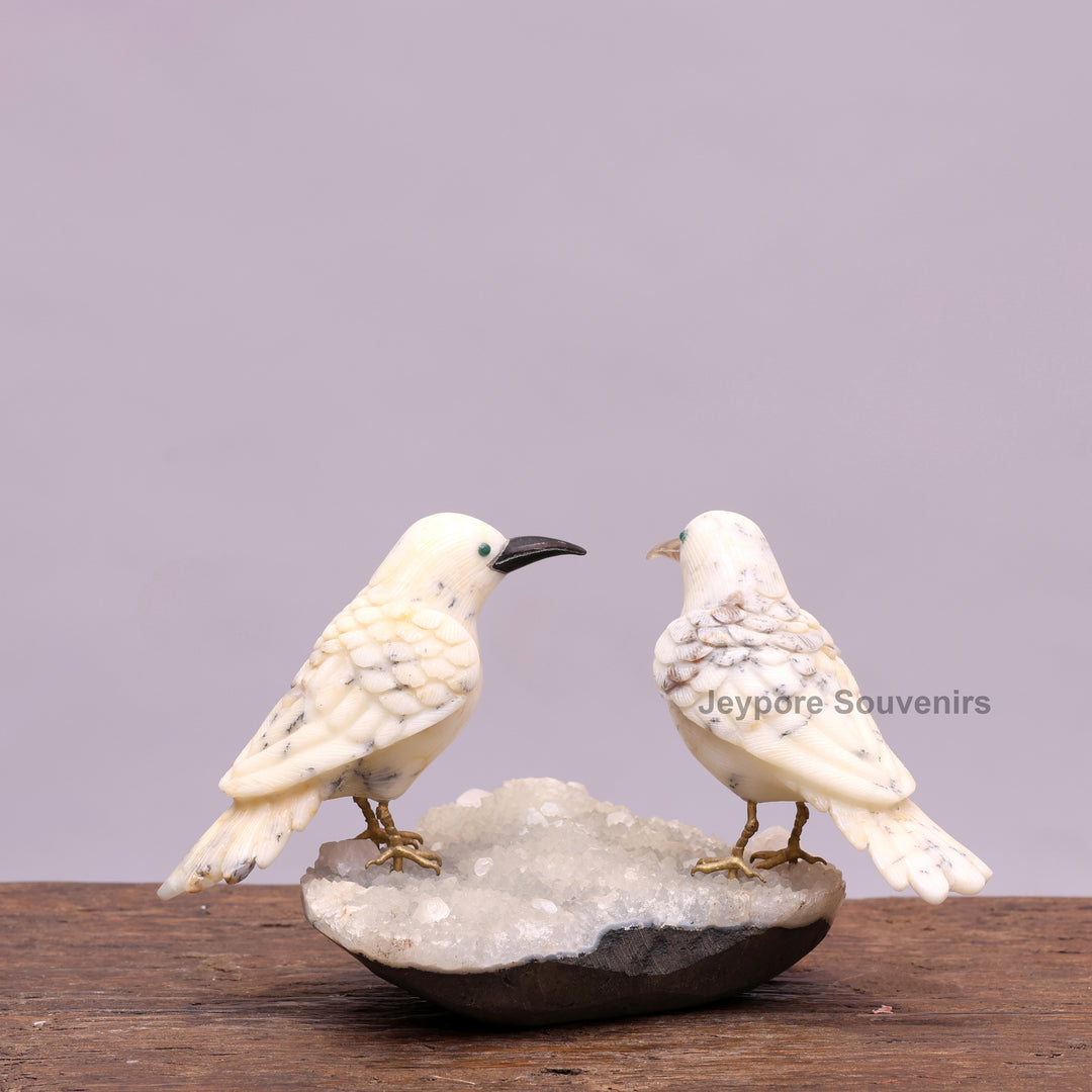 Semi Precious Howlite Bird Pair Sculpture On Crystal Base