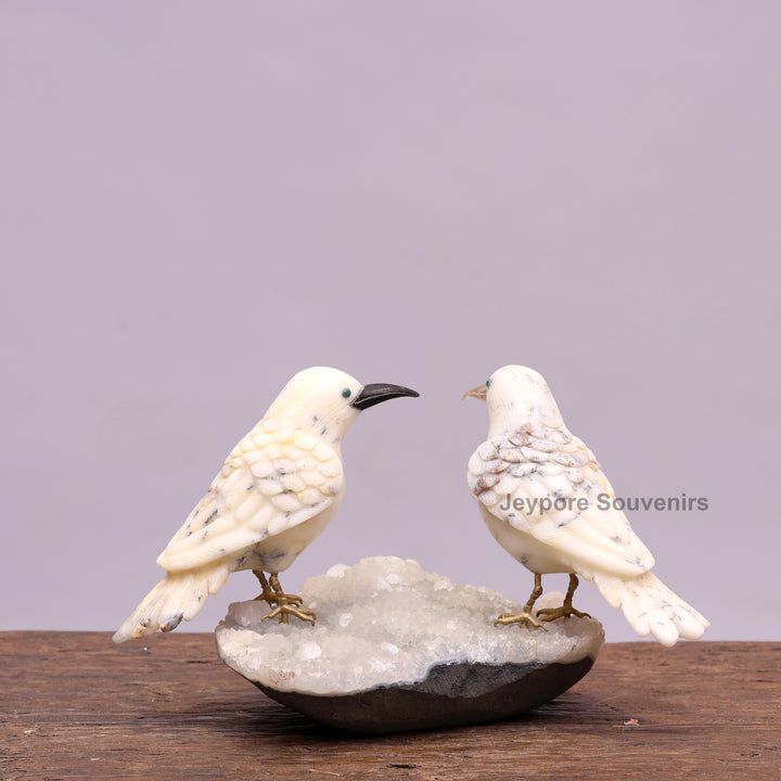 Semi Precious Howlite Bird Pair Sculpture On Crystal Base