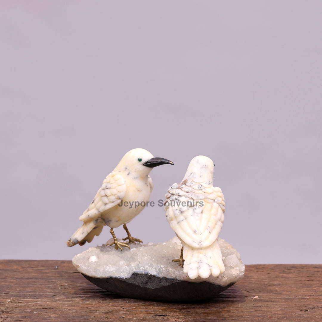 Semi Precious Howlite Bird Pair Sculpture On Crystal Base