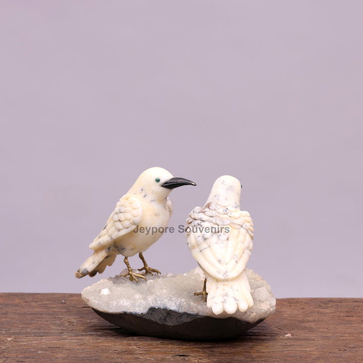Semi Precious Howlite Bird Pair Sculpture On Crystal Base