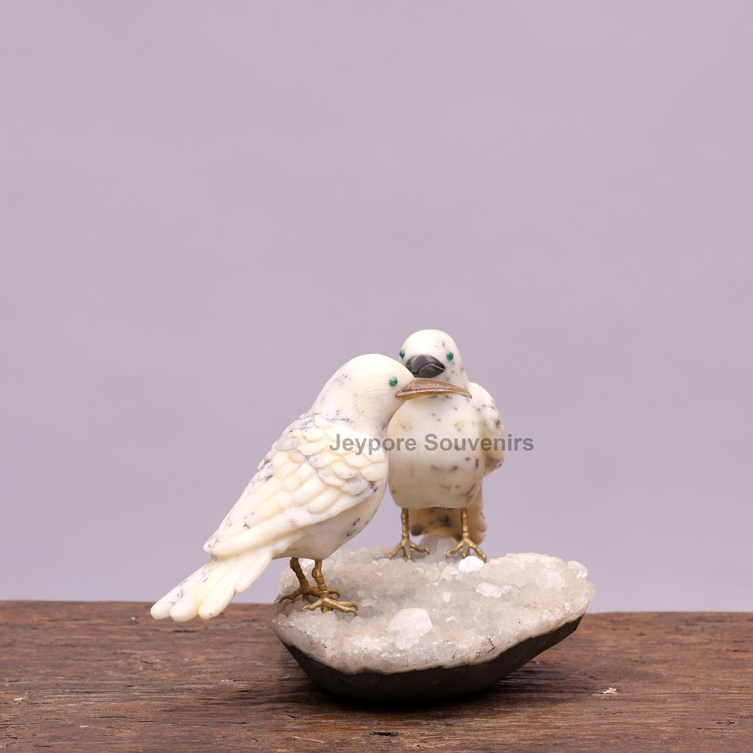 Semi Precious Howlite Bird Pair Sculpture On Crystal Base