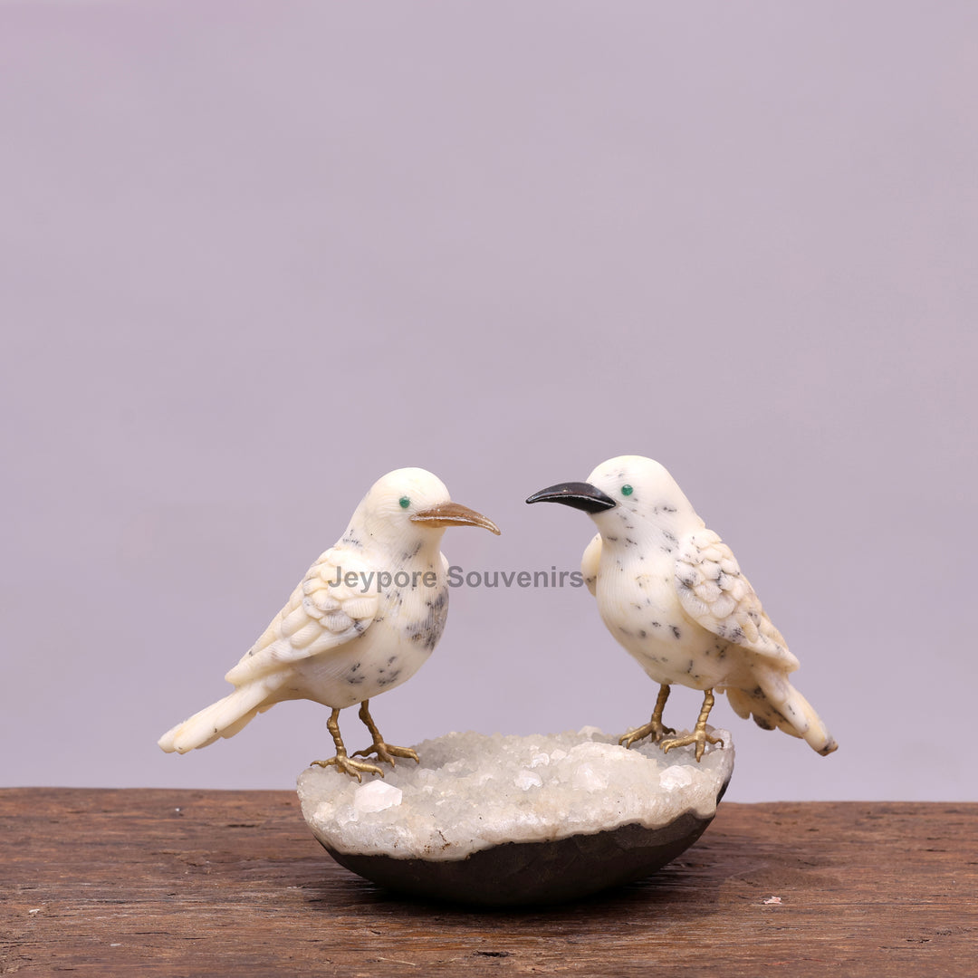 Semi Precious Howlite Bird Pair Sculpture On Crystal Base