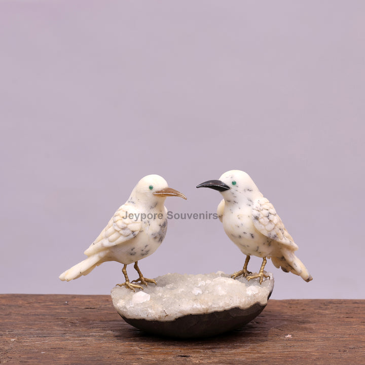 Semi Precious Howlite Bird Pair Sculpture On Crystal Base