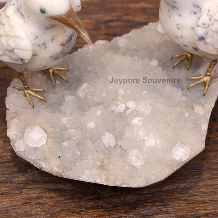 Semi Precious Howlite Bird Pair Sculpture On Crystal Base