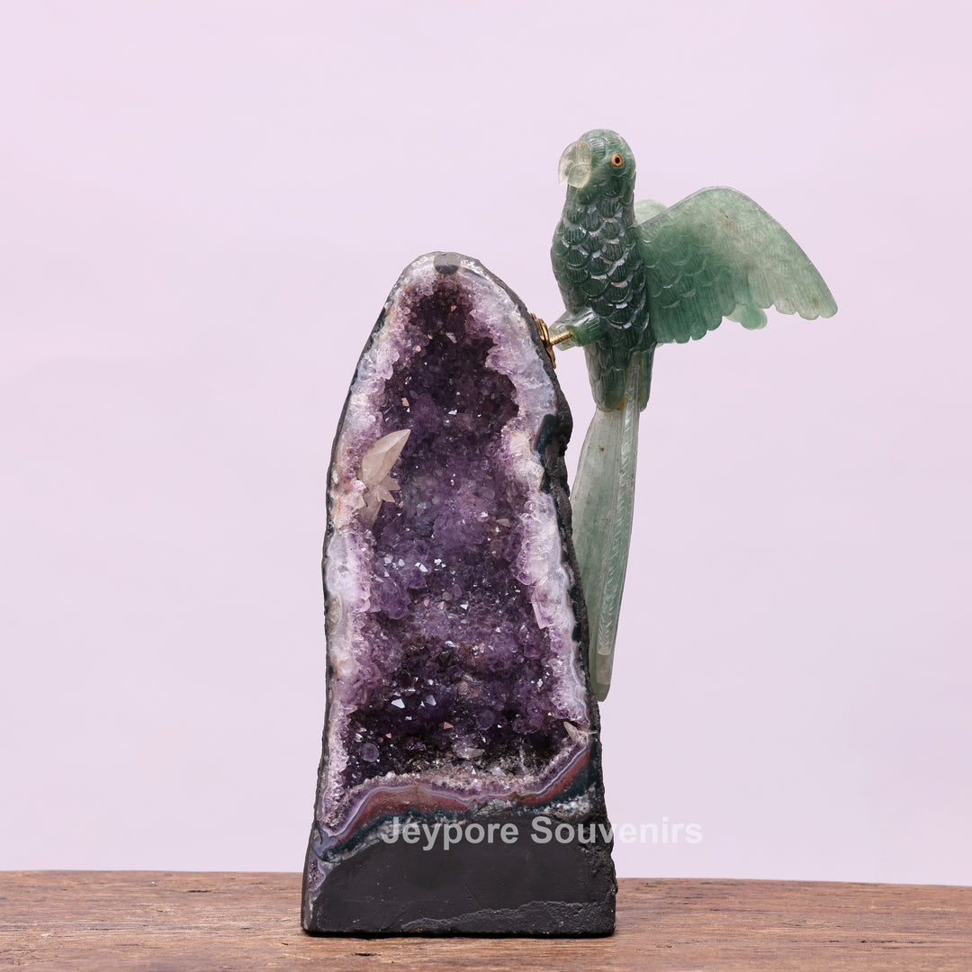 Green Quartz Parrot With Amethyst Geode Base
