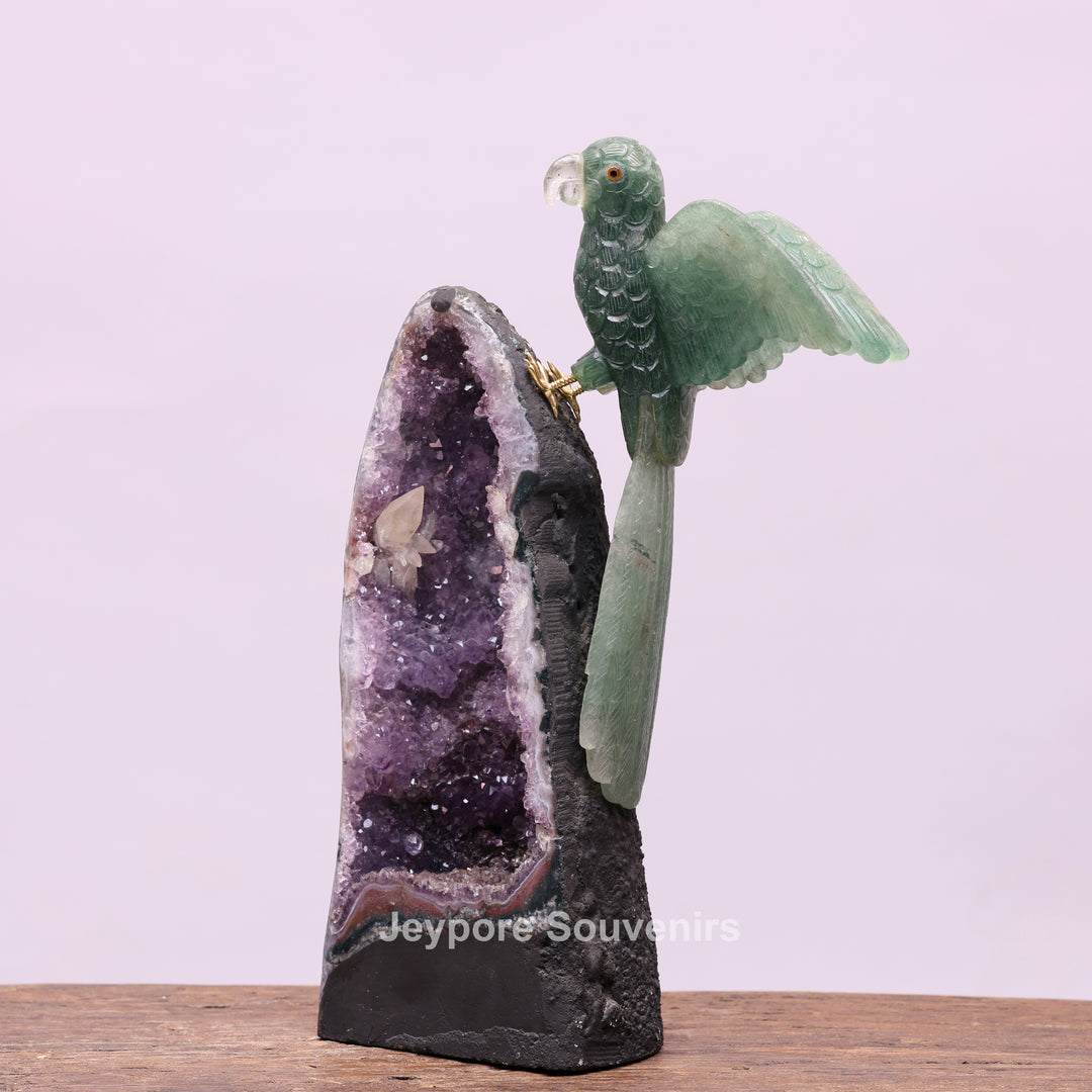 Green Quartz Parrot With Amethyst Geode Base