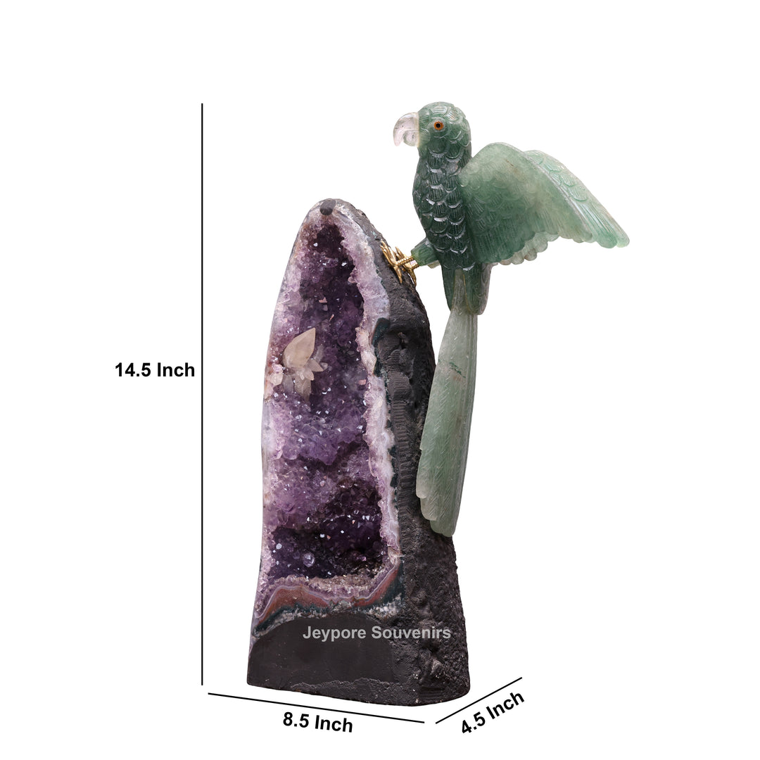 Green Quartz Parrot With Amethyst Geode Base