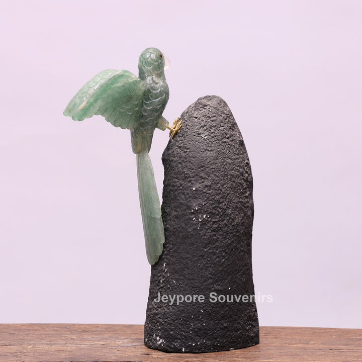 Green Quartz Parrot With Amethyst Geode Base