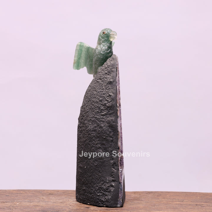 Green Quartz Parrot With Amethyst Geode Base