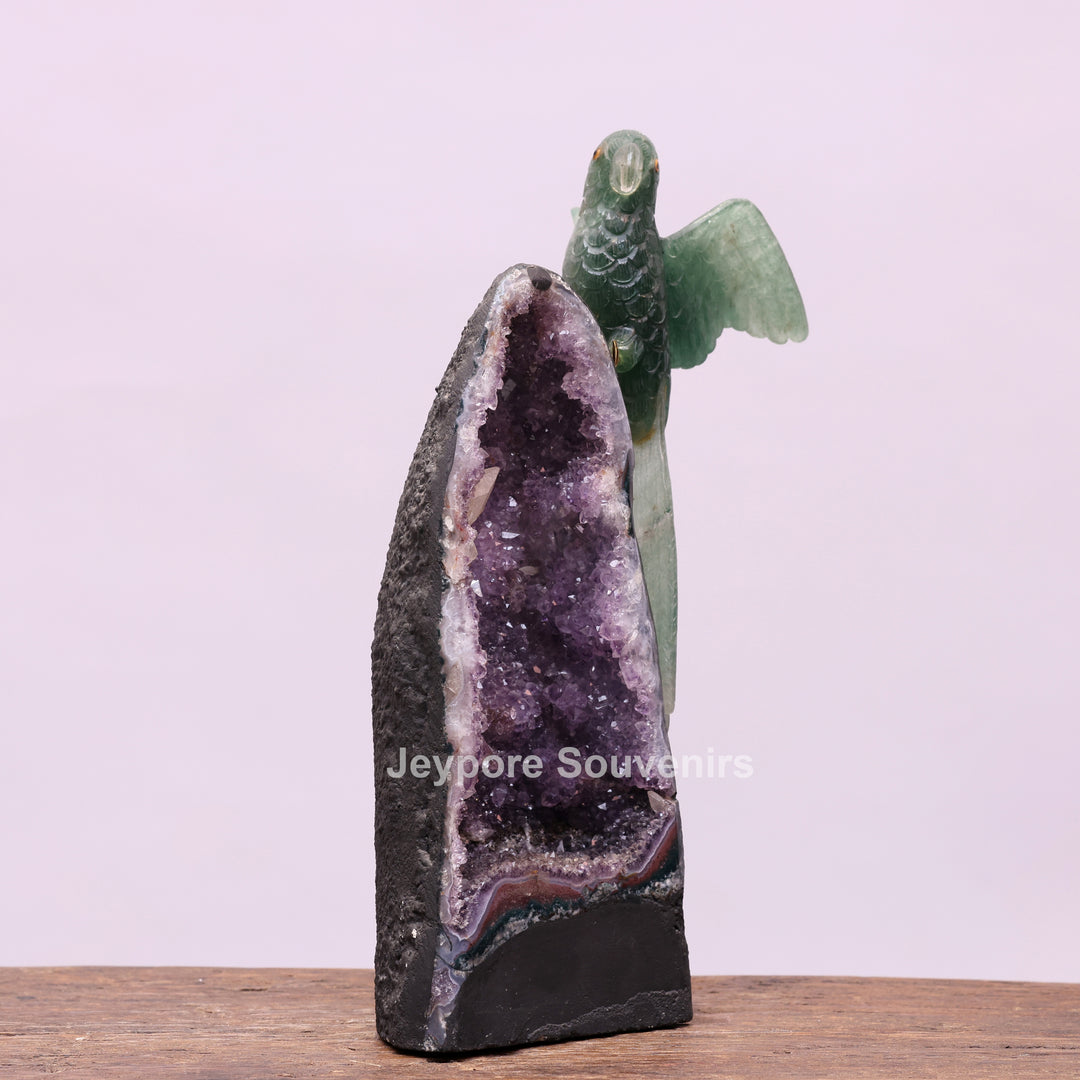 Green Quartz Parrot With Amethyst Geode Base