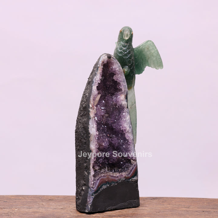 Green Quartz Parrot With Amethyst Geode Base