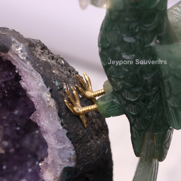 Green Quartz Parrot With Amethyst Geode Base