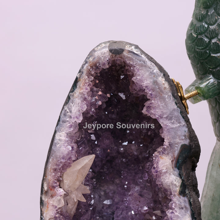 Green Quartz Parrot With Amethyst Geode Base