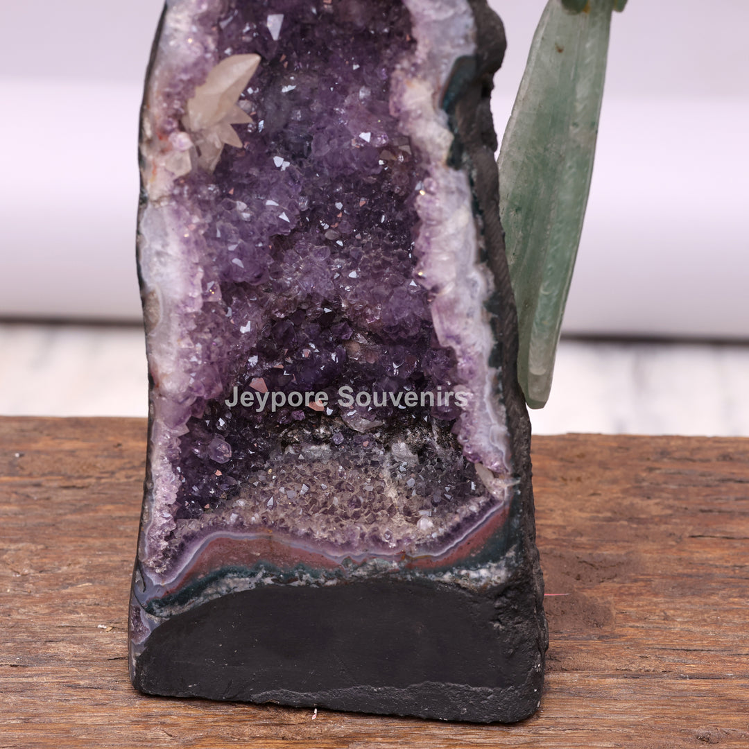 Green Quartz Parrot With Amethyst Geode Base
