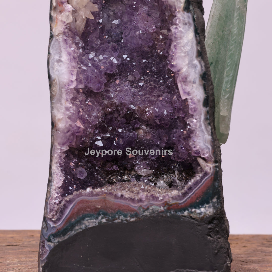 Green Quartz Parrot With Amethyst Geode Base