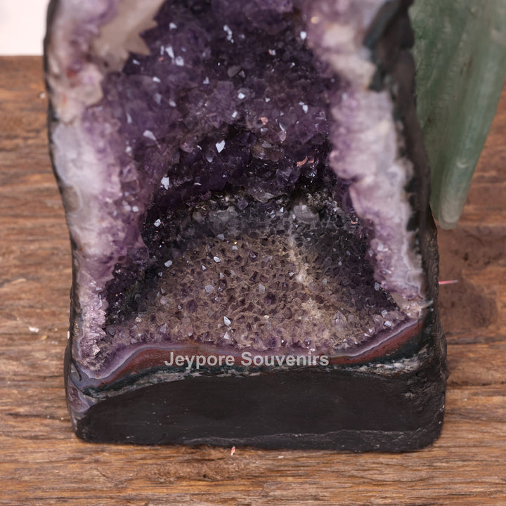 Green Quartz Parrot With Amethyst Geode Base