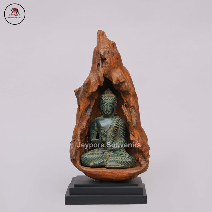Brass Buddha Statue Seated in Dhyana Mudra with Natural Wood Frame