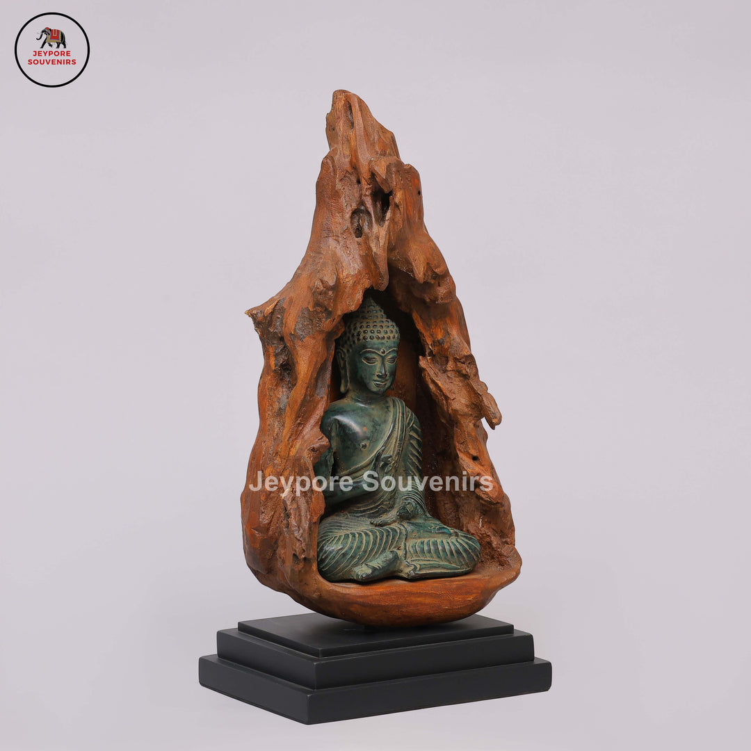 Brass Buddha Statue Seated in Dhyana Mudra with Natural Wood Frame