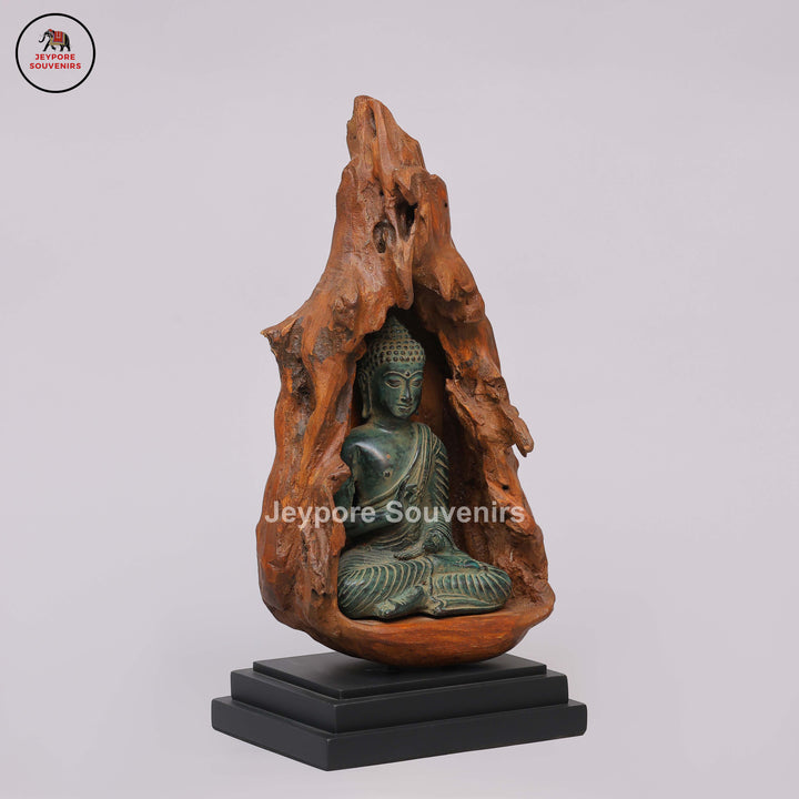 Brass Buddha Statue Seated in Dhyana Mudra with Natural Wood Frame
