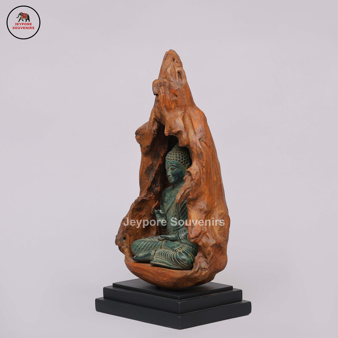 Brass Buddha Statue Seated in Dhyana Mudra with Natural Wood Frame