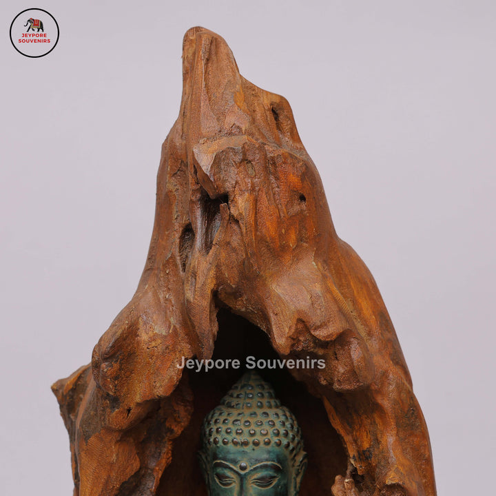 Brass Buddha Statue Seated in Dhyana Mudra with Natural Wood Frame