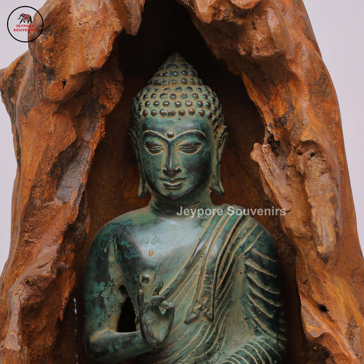 Brass Buddha Statue Seated in Dhyana Mudra with Natural Wood Frame