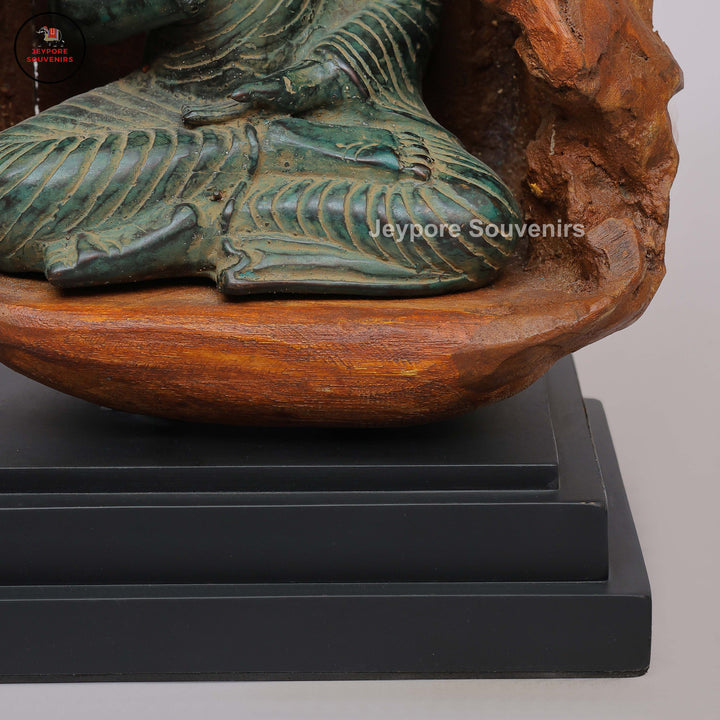 Brass Buddha Statue Seated in Dhyana Mudra with Natural Wood Frame