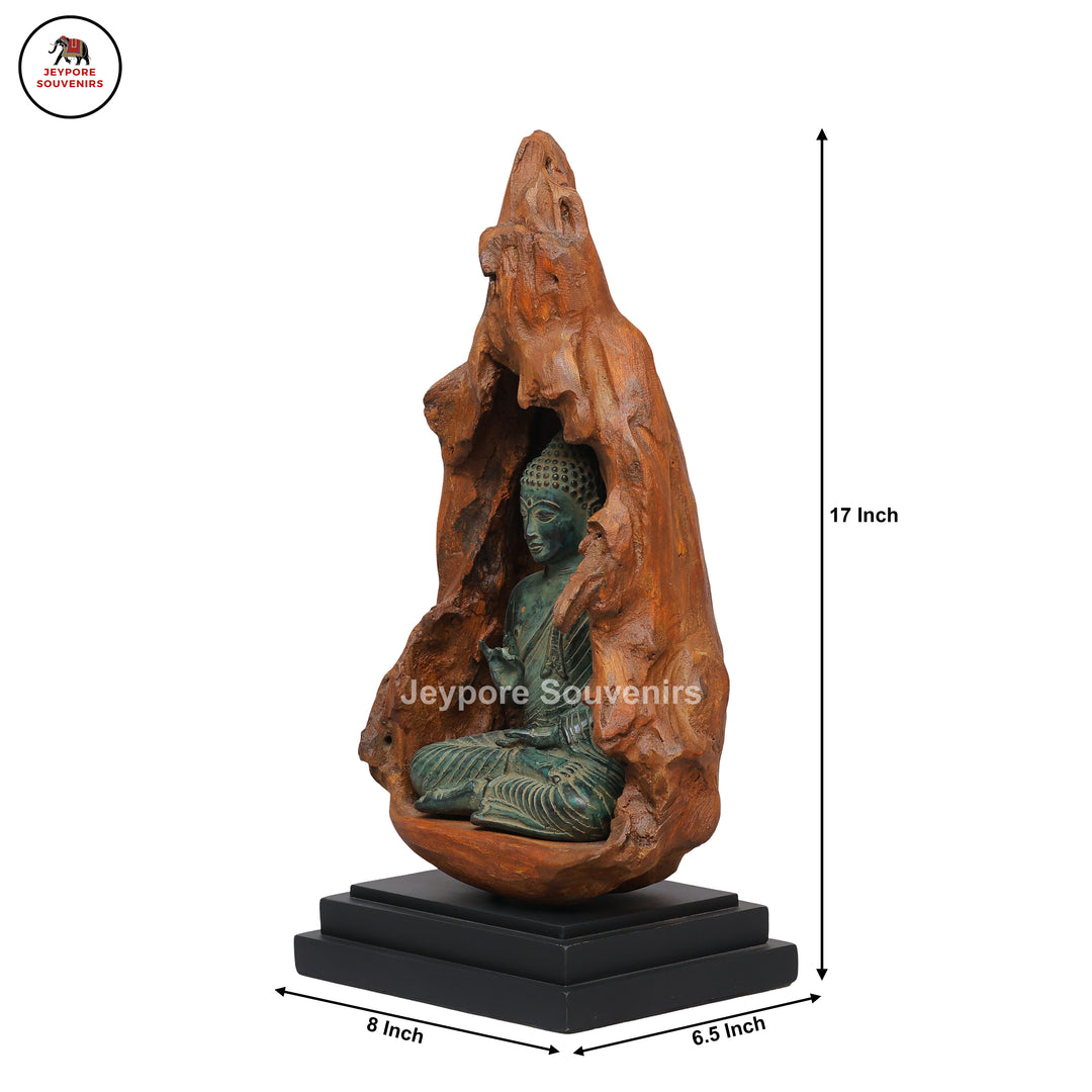 Brass Buddha Statue Seated in Dhyana Mudra with Natural Wood Frame
