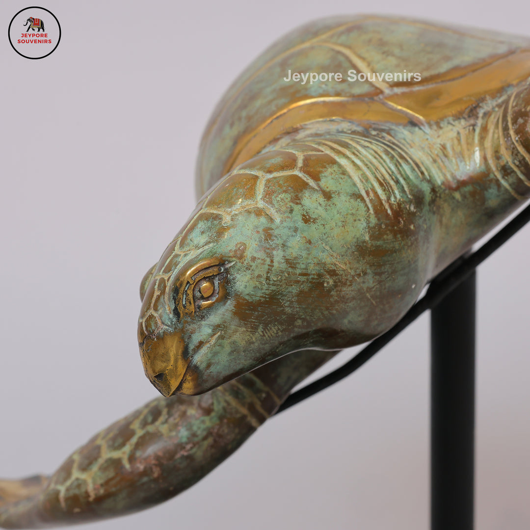 Handcrafted Brass Sea Turtle Sculpture with Green Patina