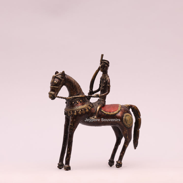 Handcrafted Brass Dhokra Horse with a Rider Sculpture