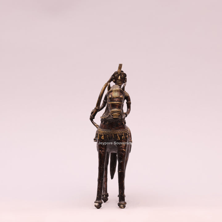 Handcrafted Brass Dhokra Horse with a Rider Sculpture