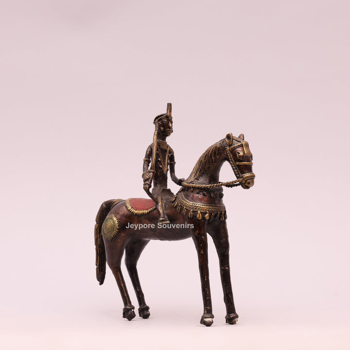 Handcrafted Brass Dhokra Horse with a Rider Sculpture