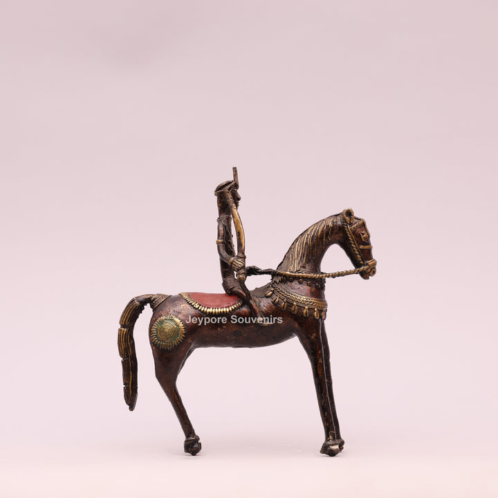 Handcrafted Brass Dhokra Horse with a Rider Sculpture